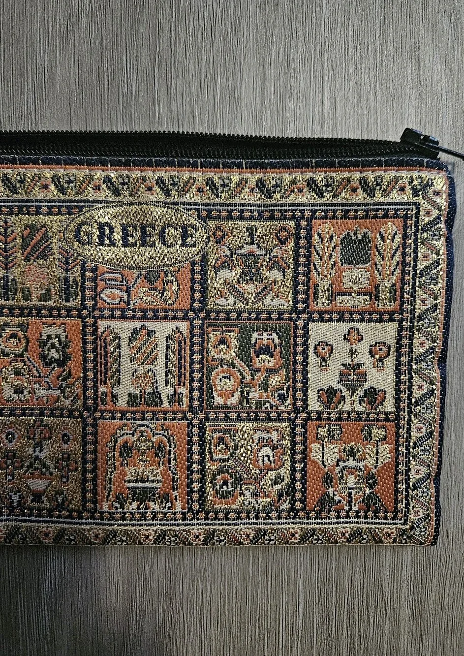Source Unknown Greece Tapestry Zip Pouch - Black, Cream, Brown, Green, Orange